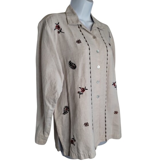 Talbots Linen/Cotton Women's Petite Large Beige Embroidered Button-Up Shirt - Picture 3 of 11